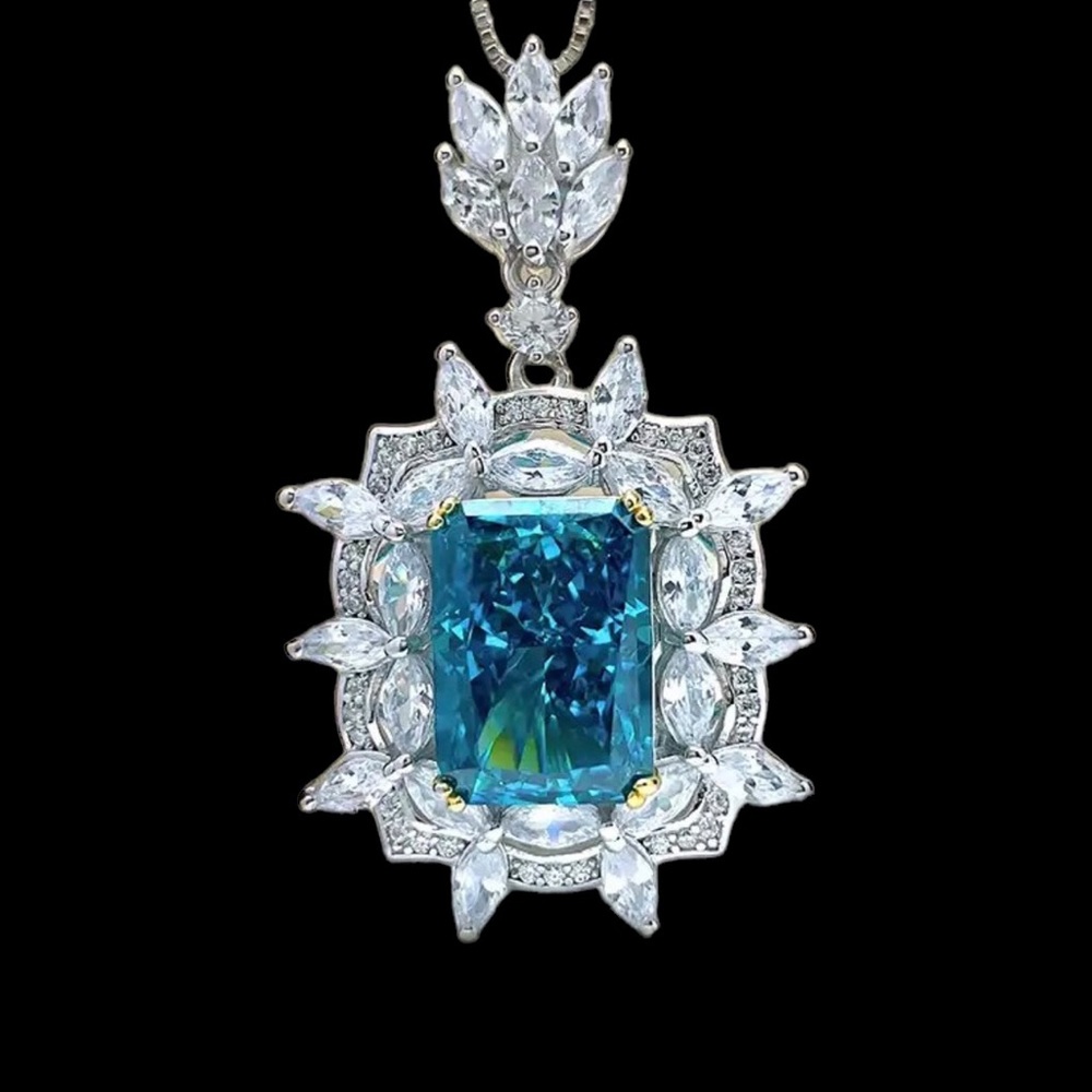 Teal Statement Pendant 925 Silver Necklace - Picture 3 of 7
